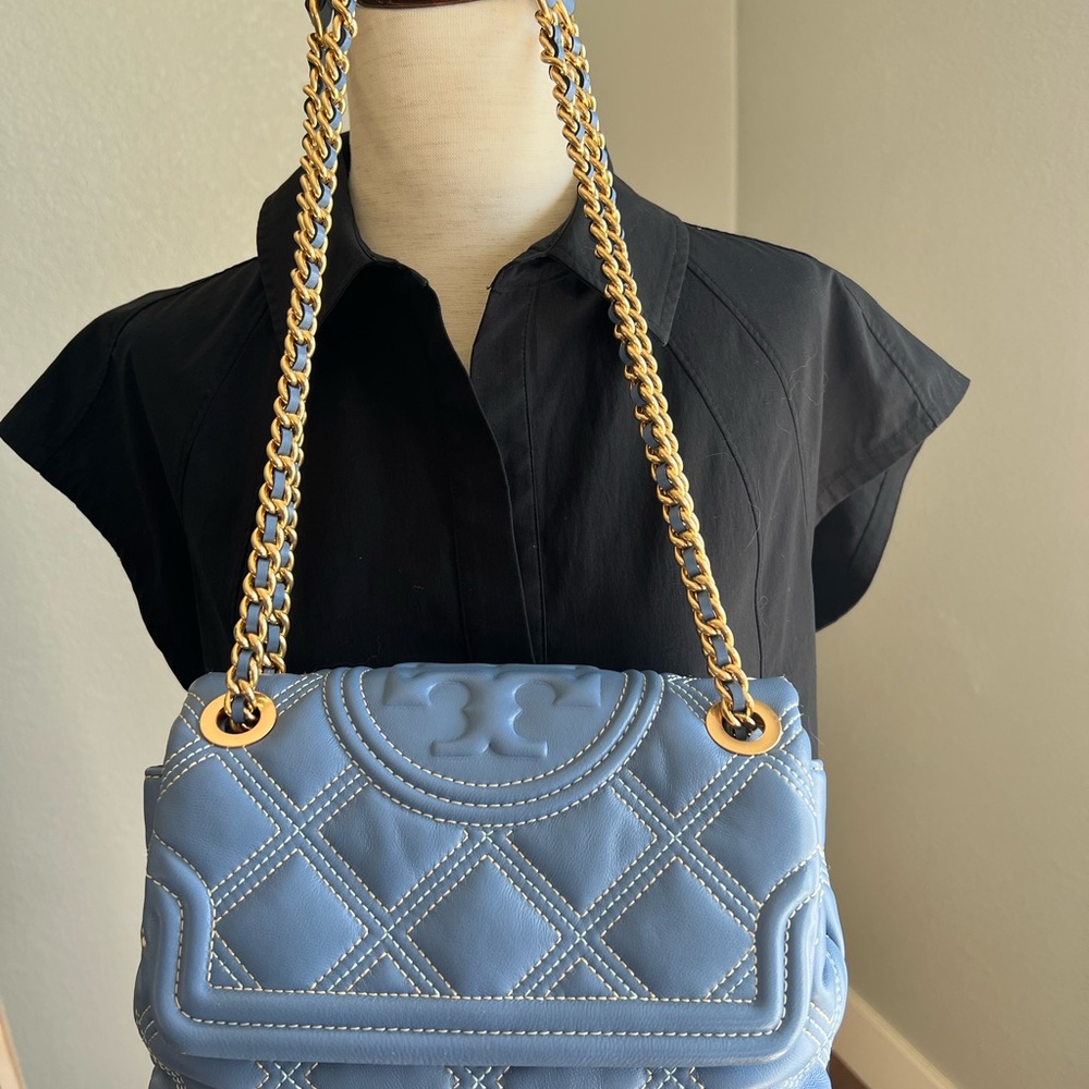 Tory Burch Fleming Soft Quilted Light Blue Leather Shoulder Bag with Gold Chain